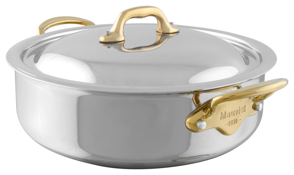 Mauviel M'Cook B Stainless Steel Rondeau With Lid & Brass Handles, 6-qt