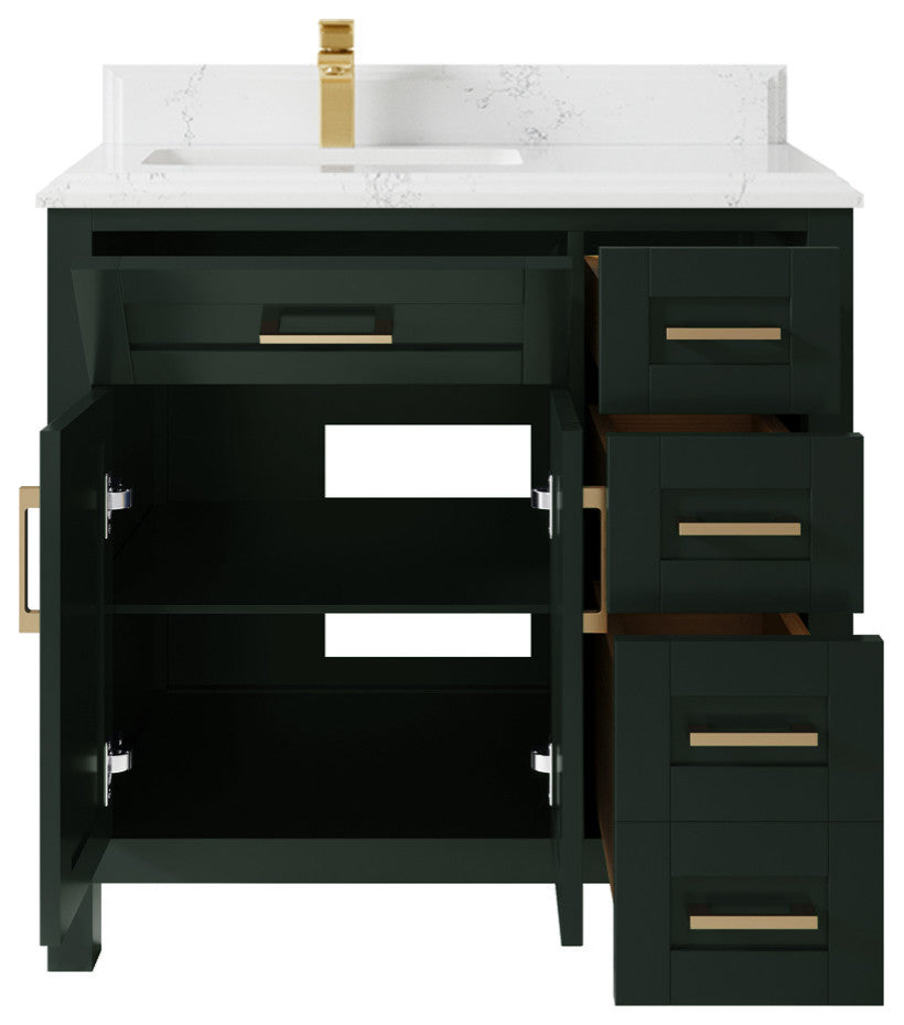 Cambridge 36 Left Offset Bath Vanity in Dark Forest Green 1.5" Empira Quartz