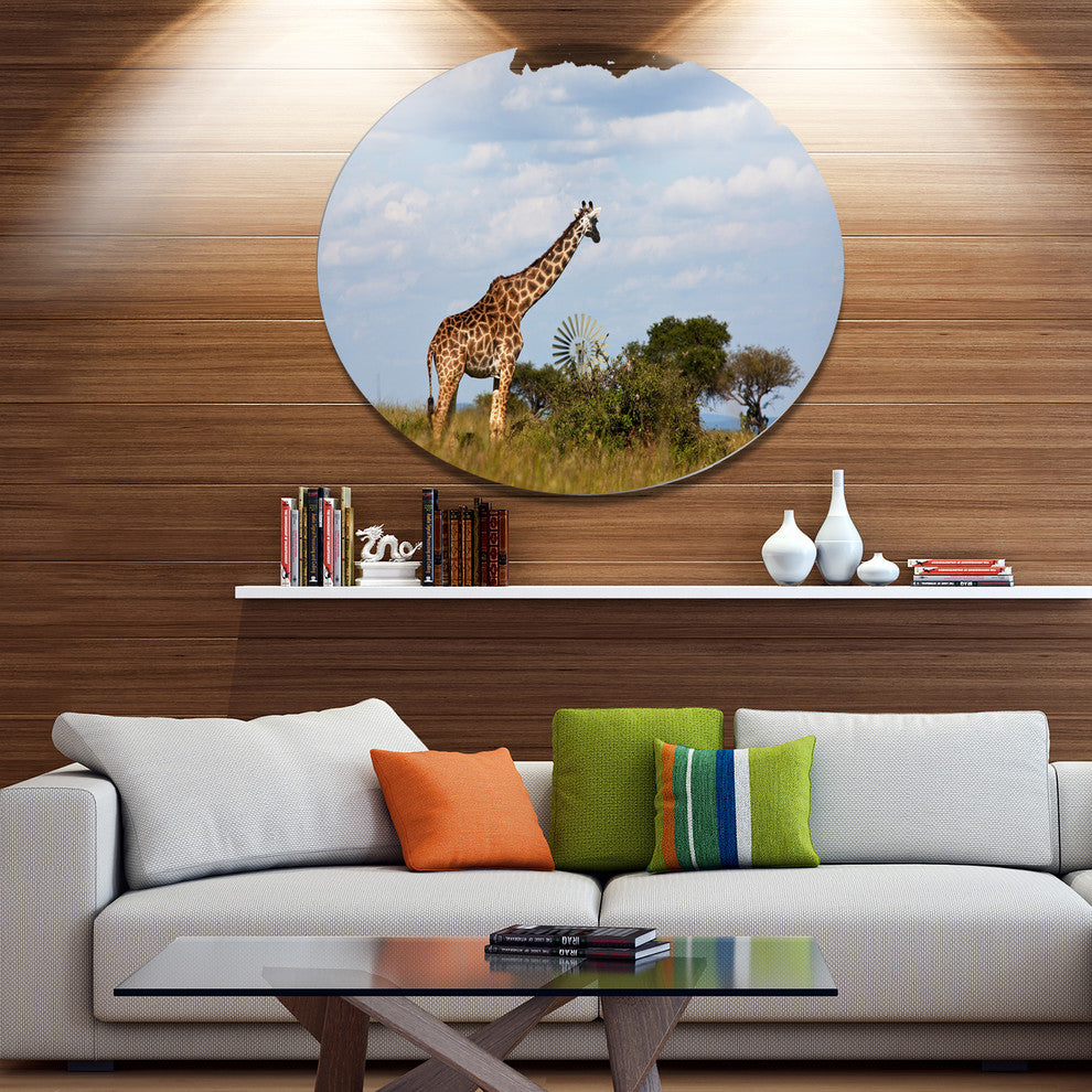 Giraffe In Savannah, Landscape Large Disc Metal Wall Art, 36"