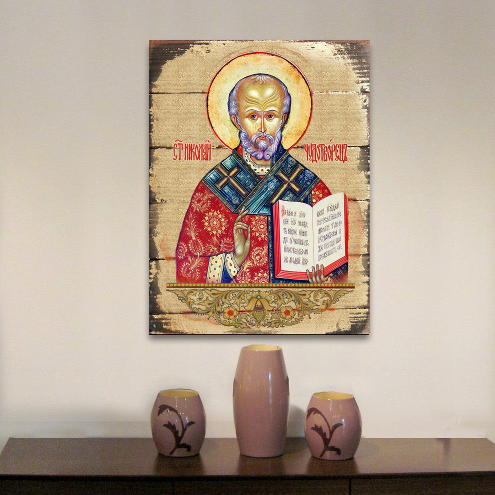 Icon Saint Nicholas Wall Art On Wood, 16 Inch