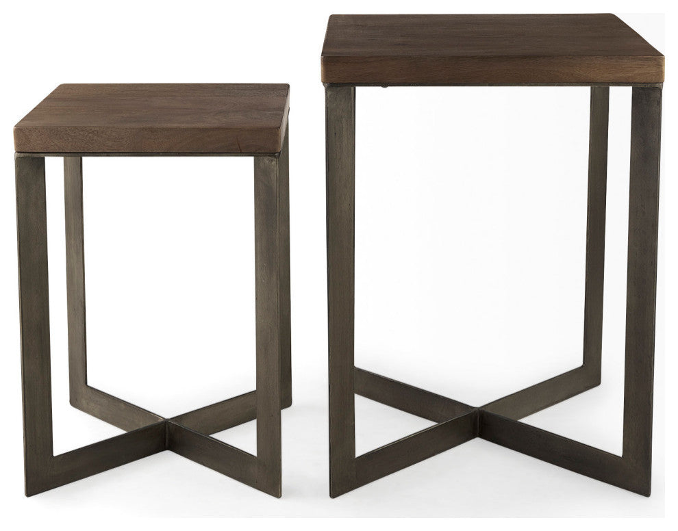Faye 2-Piece Medium Brown Wood With Metal Base Accent Table Set