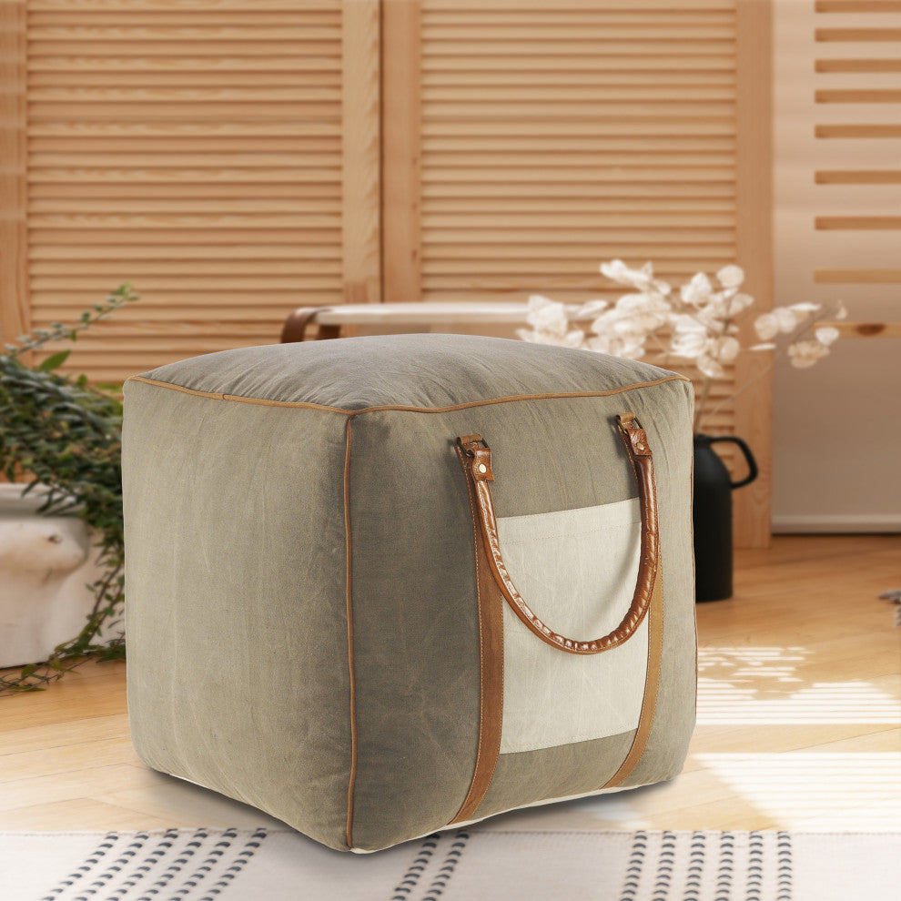 Modern Farmhouse Pouf with Leather Handles