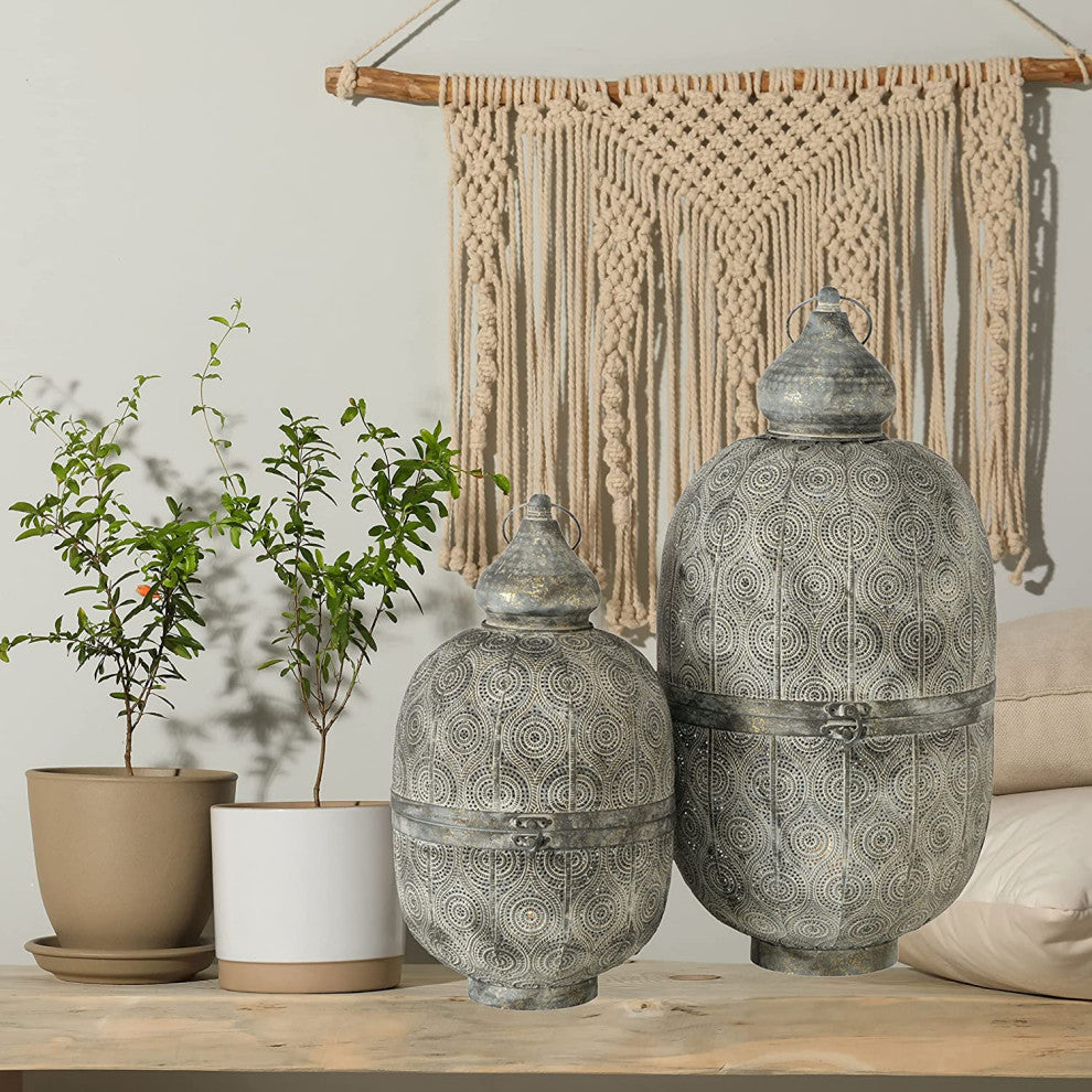 2 Piece Moroccan Metal Lacy Lattice Lantern Set
