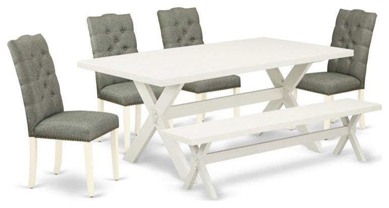 6-Piece Set, Smoke, Seat Chairs, Bench and Top Table With Wood Legs-Linen White