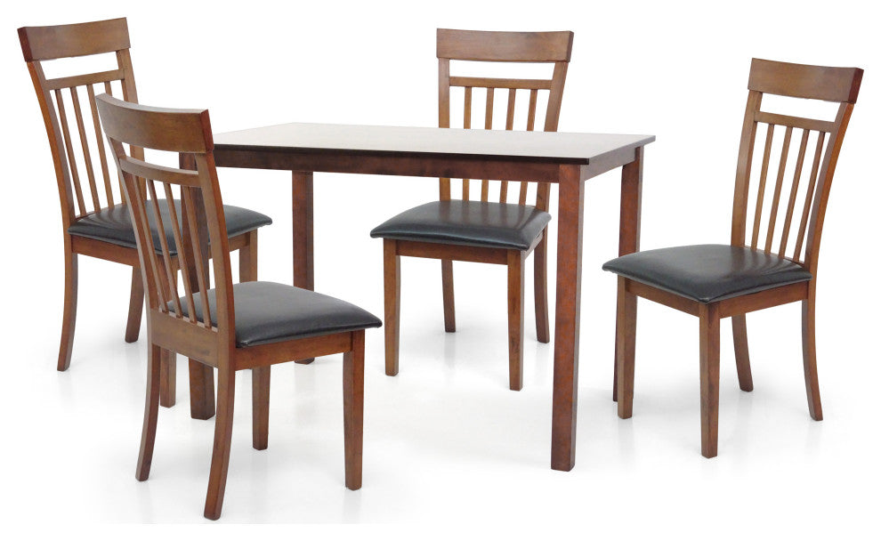 Dining Kitchen Set of Rectangular Table And 4 Side Warm Chairs Solid Wooden, Medium Brown/Pu Leather