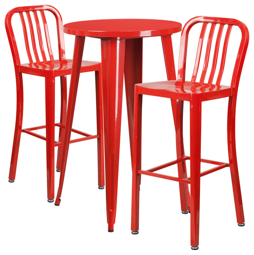 24" Round Red Metal Bar 3-Piece Table Set With 2 Vertical Slat Back Stools