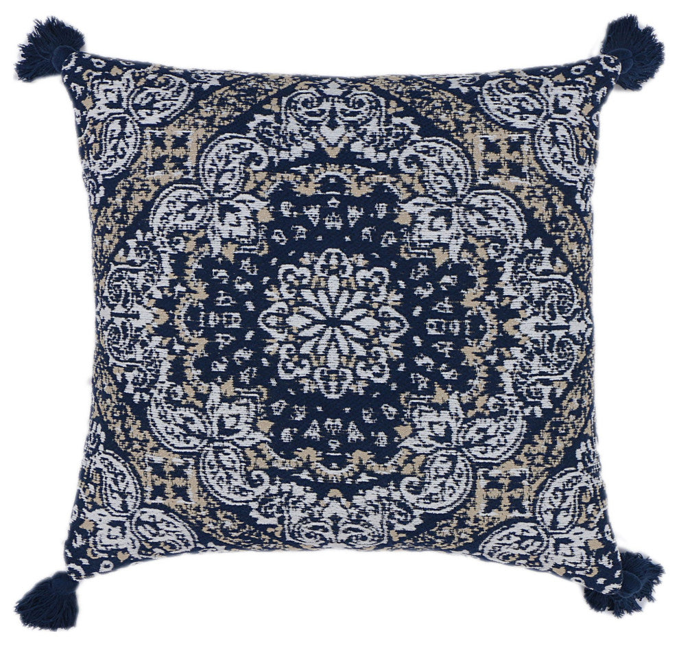 Navy Blue Machine Woven with Tassels Belvoir Throw Pillow, 20" x 20"