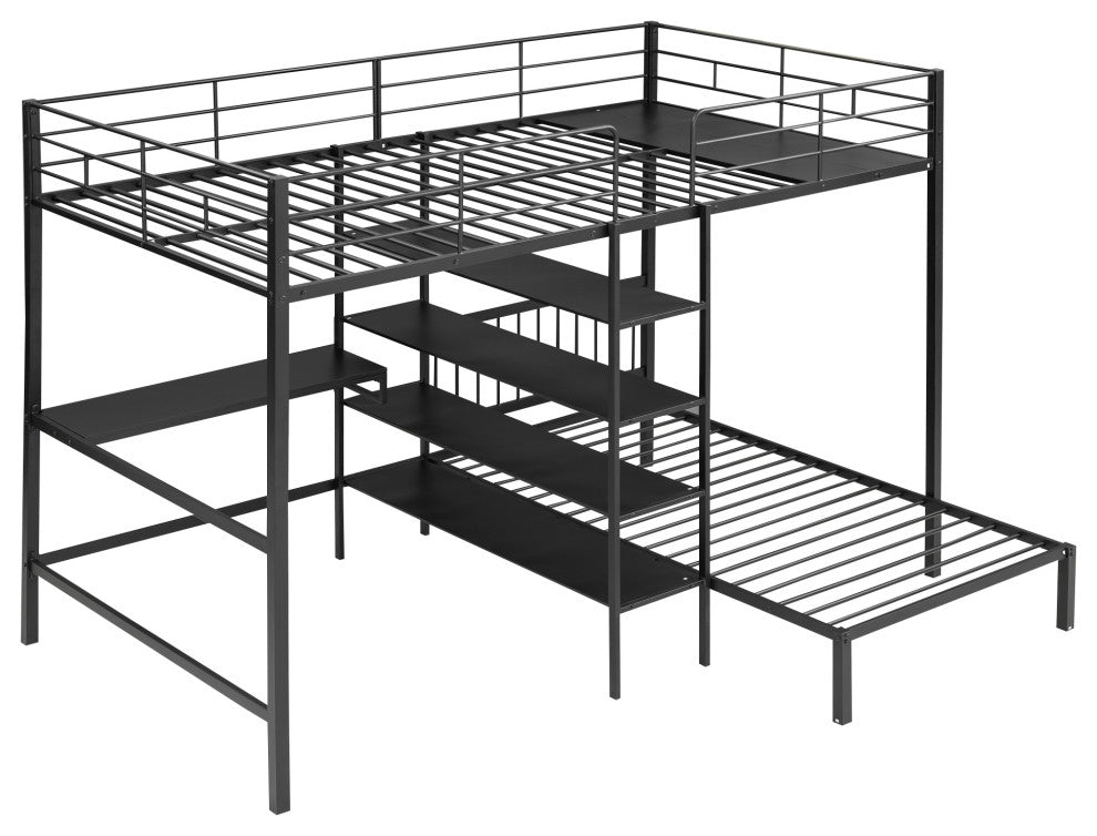Gewnee Full Over Twin Metal Bunk Bed with Desk and Shelves in Black