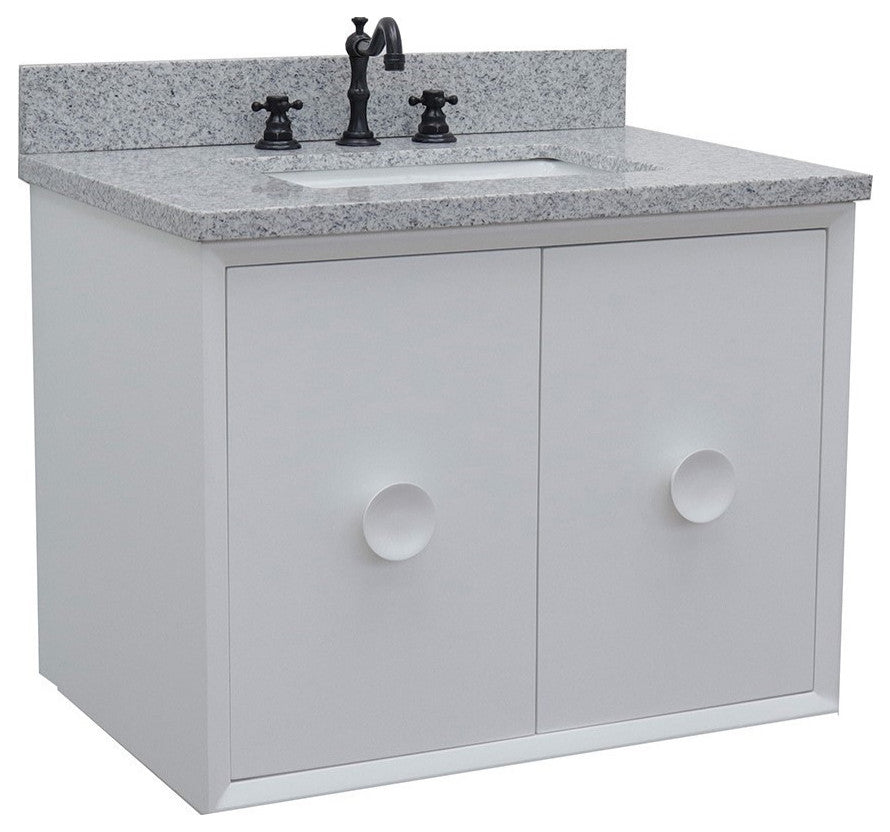 31" Single Wall Mount Vanity, White Finish With Gray Granite Top