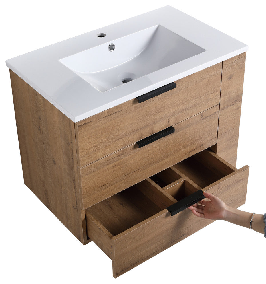 30 Inch Wall Mounted Plywood Bathroom Vanity with Resin Basin and Drawers