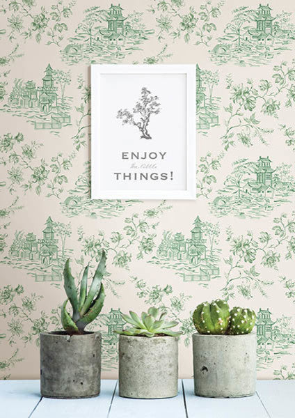 Asian Village Toile Wallpaper, Green, Bolt