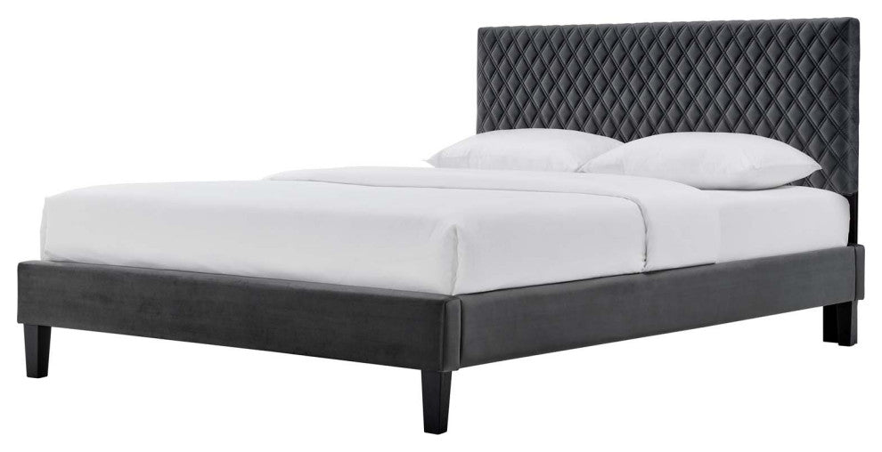 Platform Bed Frame, King Size, Charcoal Gray, Velvet, Modern, Guest Suite