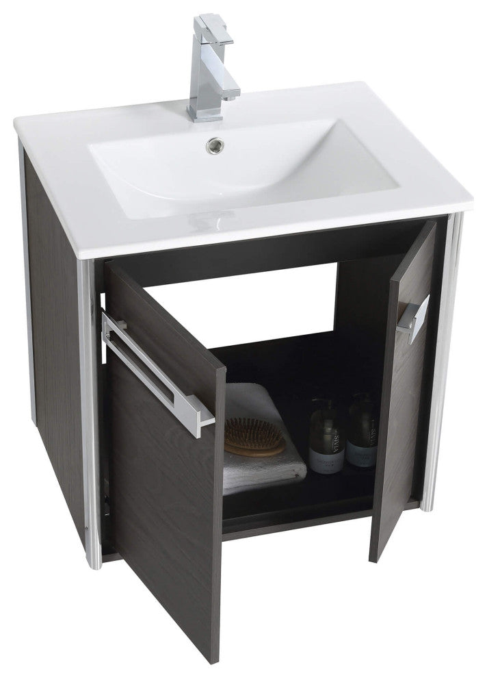Oakville Wall Mount Bathroom Vanity, Black Coal Oak, 24", Chrome Hardware