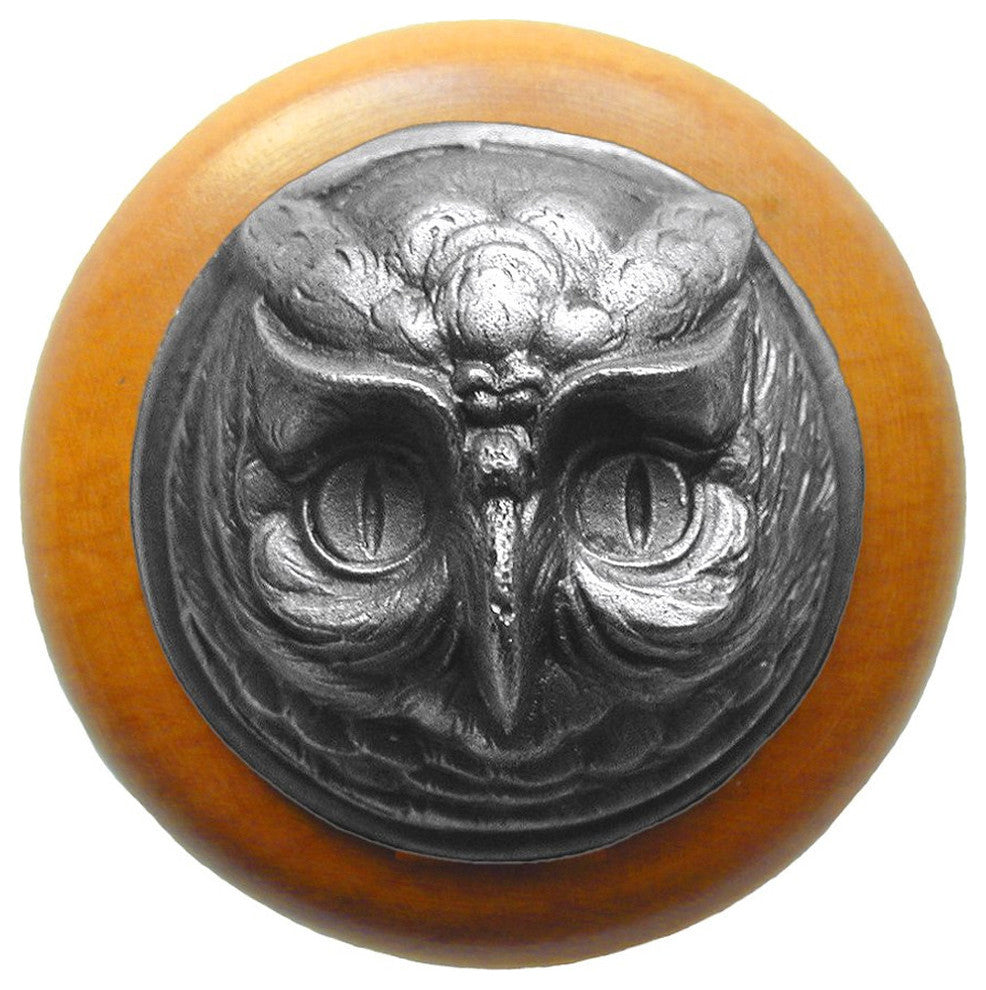 Wise Owl Maple Wood Knob, Antique-Style Pewter