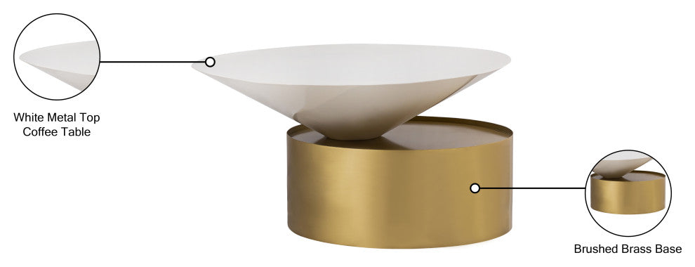 Damon White Metal Top Coffee Table, Brushed Brass Base