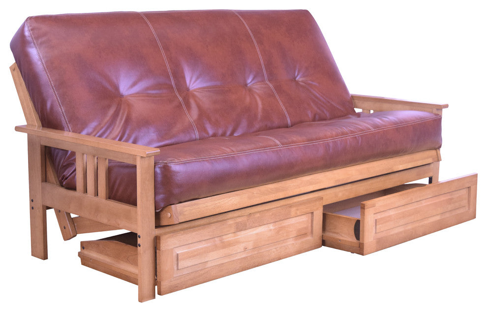 Caleb Frame Futon With Butternut Finish, Storage Drawers, Oregon Trail Saddle