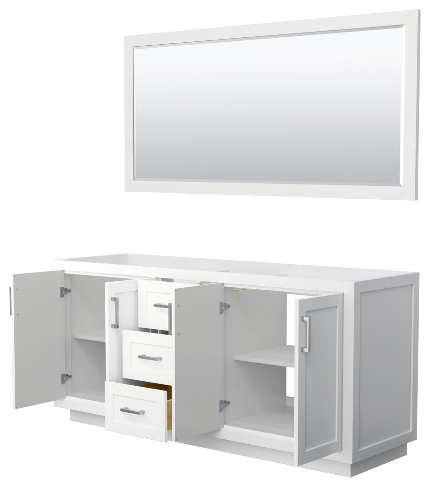72" Double Bathroom Vanity, White, No Countertop, Nickel Trim, 70" Mirror