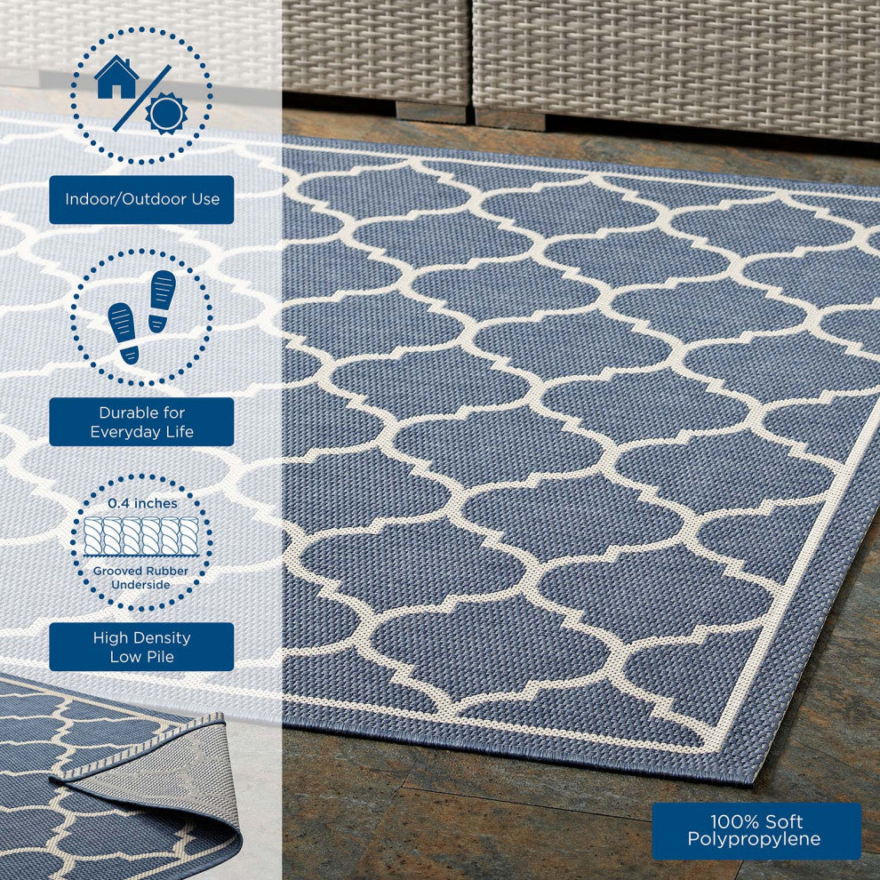 Area Rug Floor Carpet, Indoor Outdoor, Moroccan, Rectangular, 9x12, Blue Beige