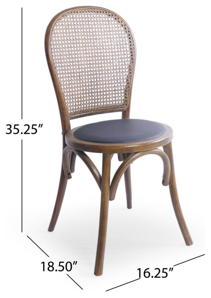 Cano Beech Wood and Rattan Dining Chair With Faux Leather Cushion, Set of 2, Natural Finish/Black