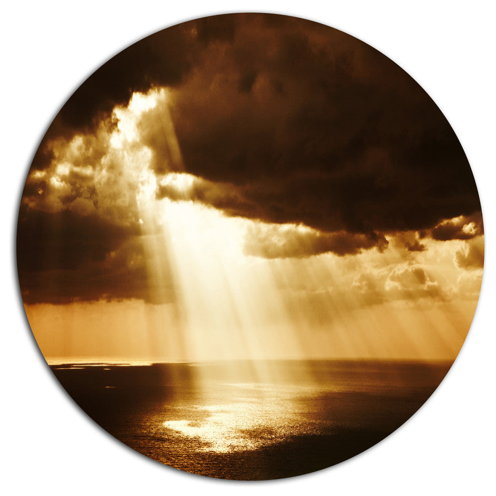 Dramatic Sunset With Sunrays, Landscape Round Metal Wall Art, 23"