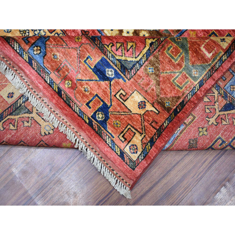 Red Turkeman Ersari with Geometric Design Hand Knotted Pure Wool Rug 8'8"x11'7"