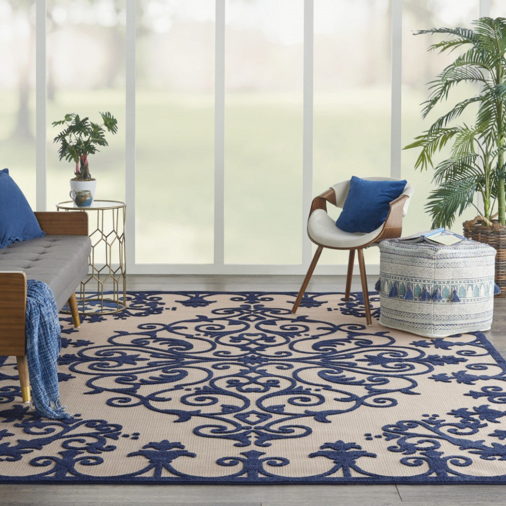 8 x 11 Navy Medallion Indoor Outdoor Area Rug