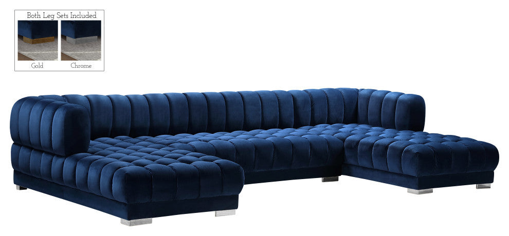 Gwen Biscuit Tufted Velvet Upholstered 3 Piece Sectional, Navy