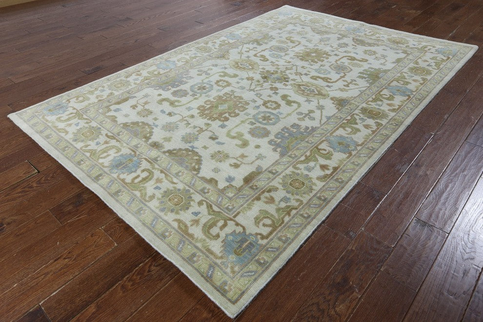 Traditional Ivory Oriental 6'x9' Floral Oushak Hand Knotted Wool Area Rug