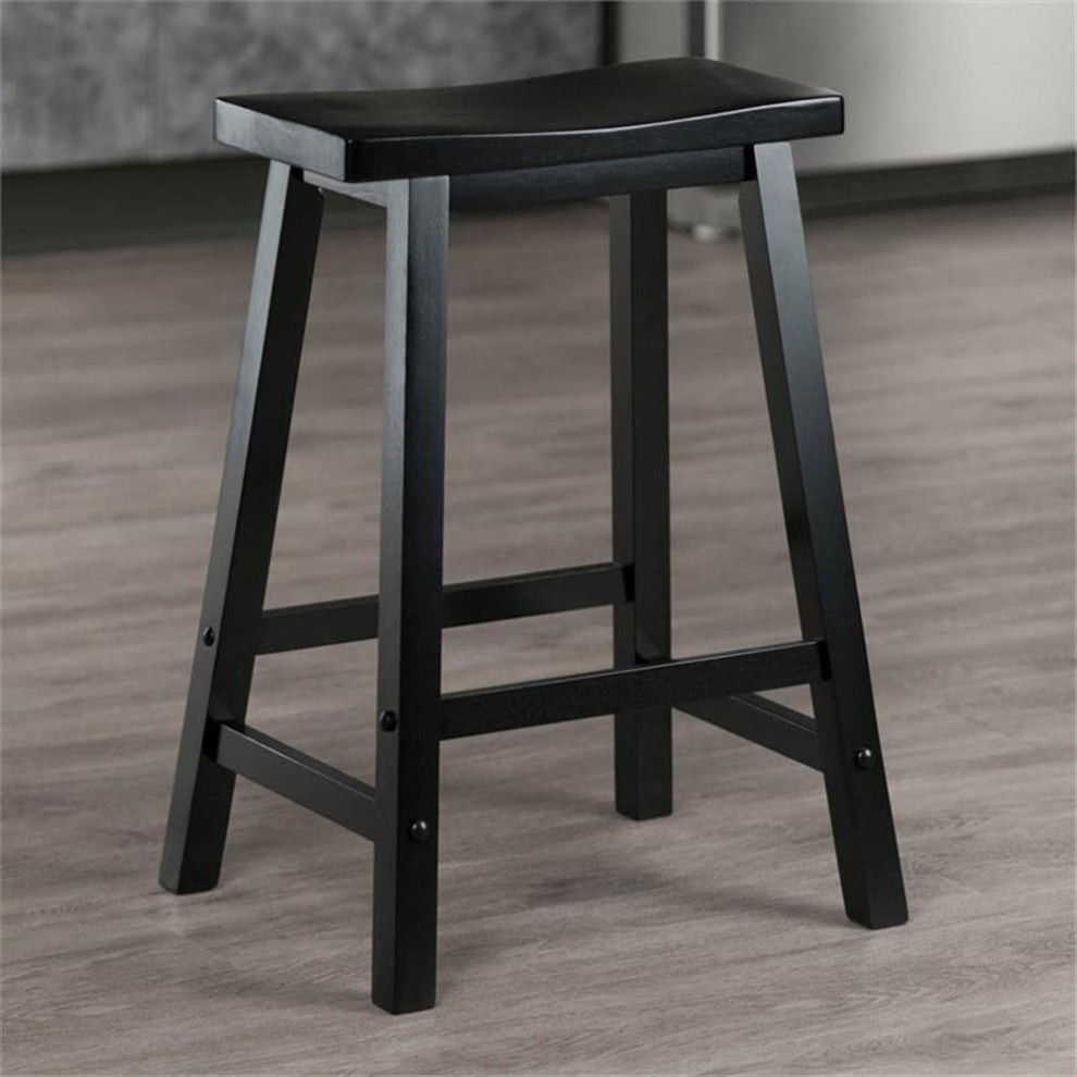 Pemberly Row 24" Transitional Solid Wood Saddle Seat Bar Stool in Black