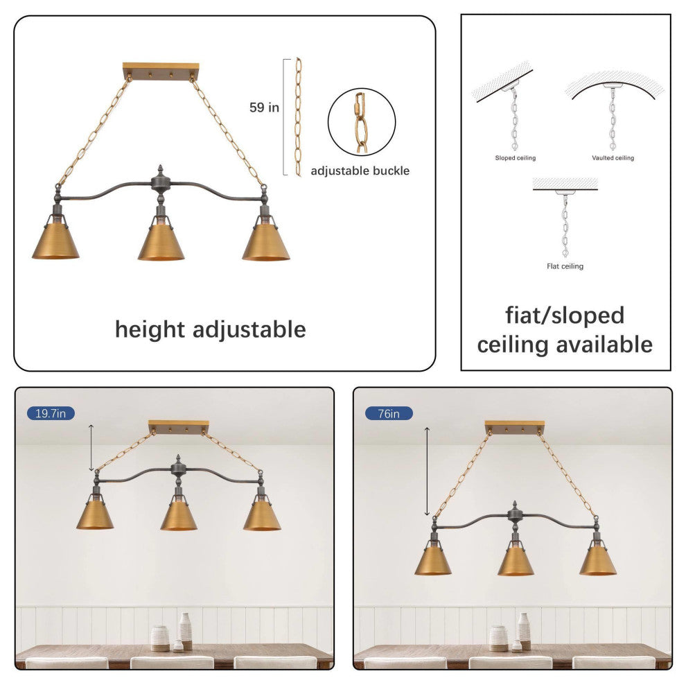 3-Lights Antique Gold and Gray Contemporary LED Kitchen Island Lamp