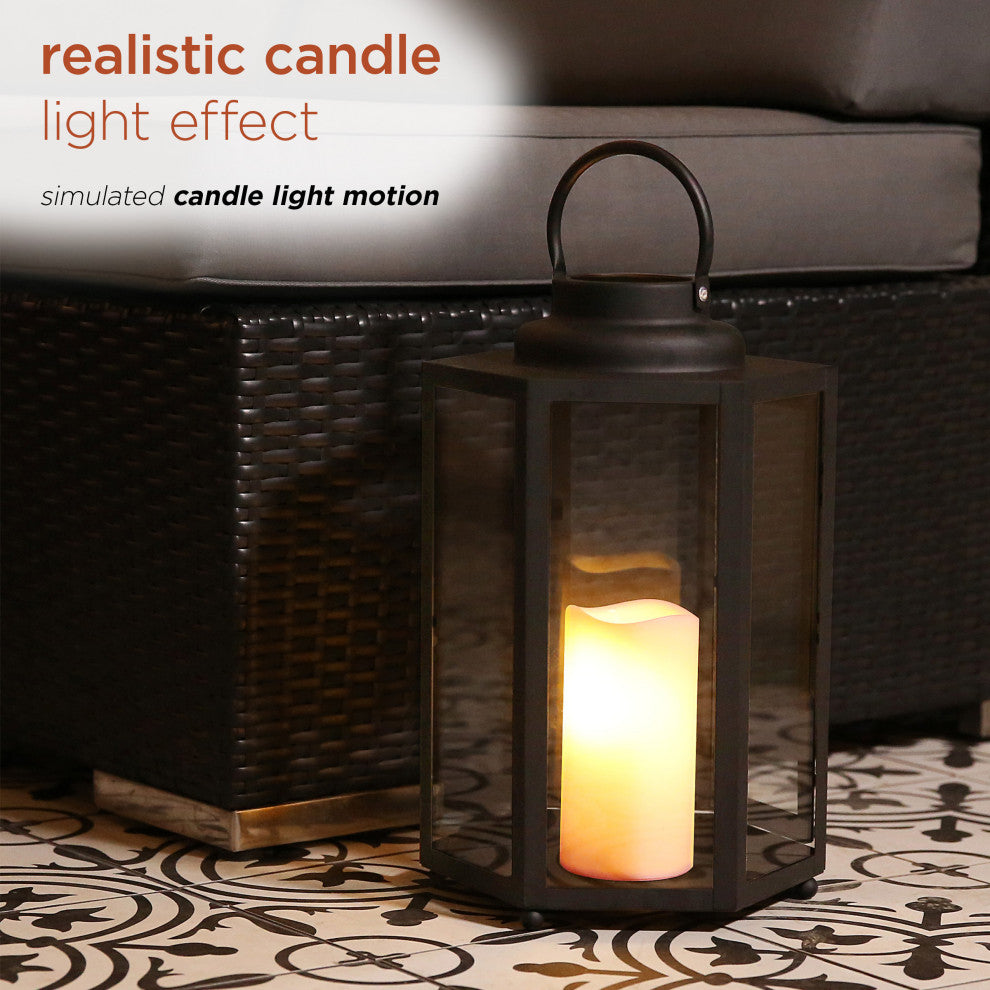 14" Tall Outdoor Hexagonal Battery-Operated Metal Lantern with LED Lights, Black