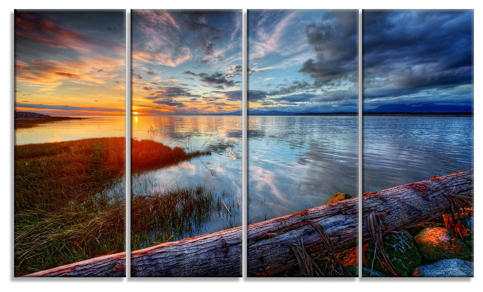 Colorful River Sunset With Log, Seashore Canvas Print, 48"x28", 4 Panels