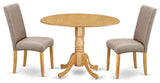 3Pc Round 42" Dining Table, Two 9-Inch Drop Leaves, Two Chair, Dark Khaki