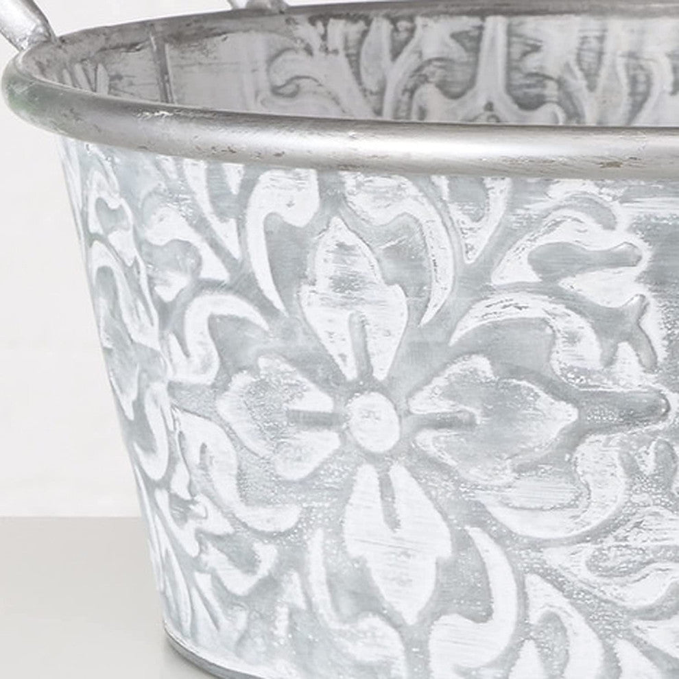 2 Piece Embossed Grey Metal Planter Set