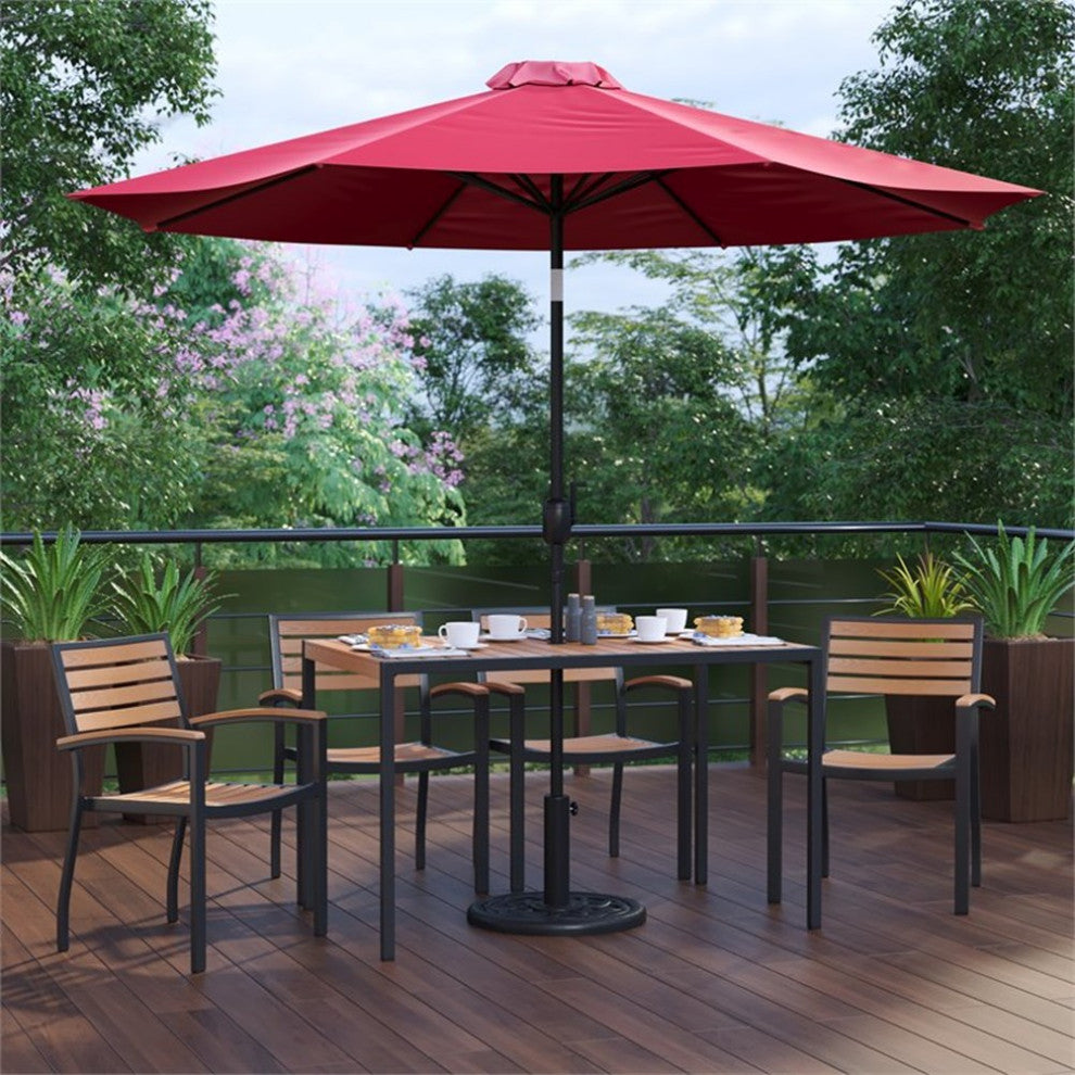Lark 7 Pc Patio Dining Set-4 Stackable Chairs, 30"x48" Table & Umbrella w/Base,
