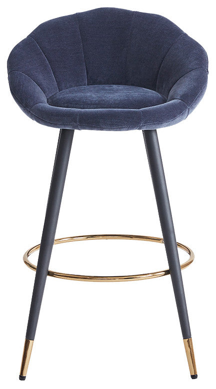 Set of 2 Blooming Flower Chenille Bar Stools, Darkblue