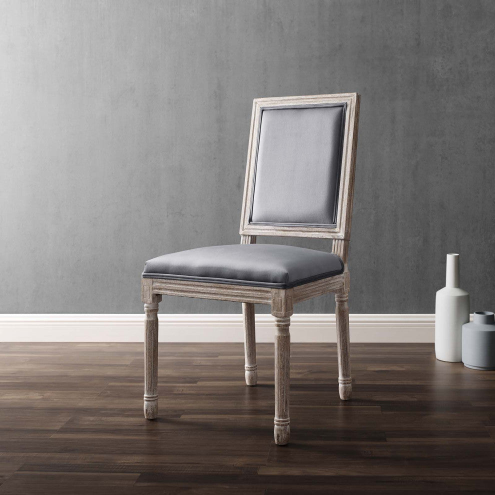 French Vintage Side Dining Chair, Velvet, Wood, Brown Natural Gray, Modern