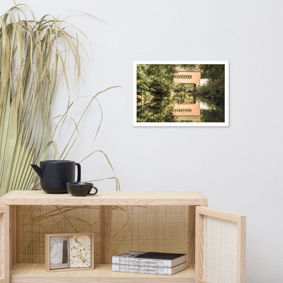 The Reflections of Wooddale Covered Bridge Aged Framed Photo Wall Art Print, White, 12" X 18"