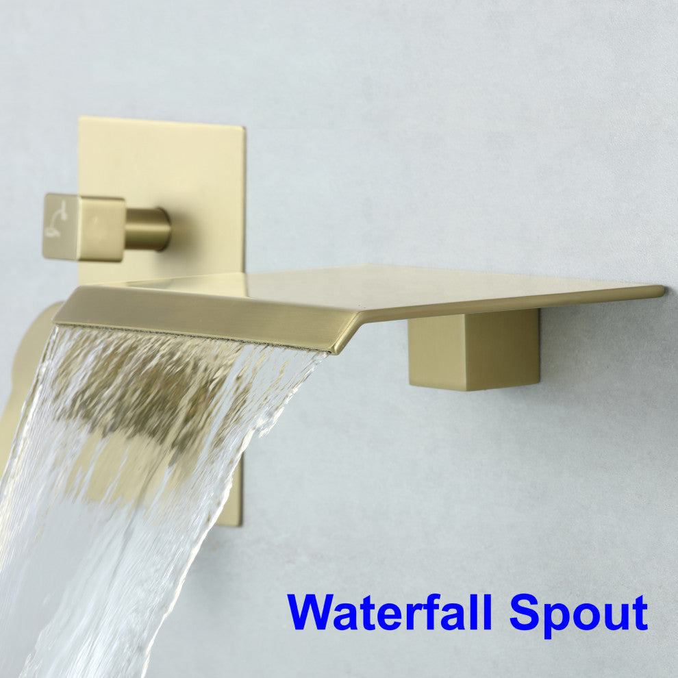 Wellfor Shower Faucet Set, Waterfall Tub Spout and Hand Shower, Brushed Gold