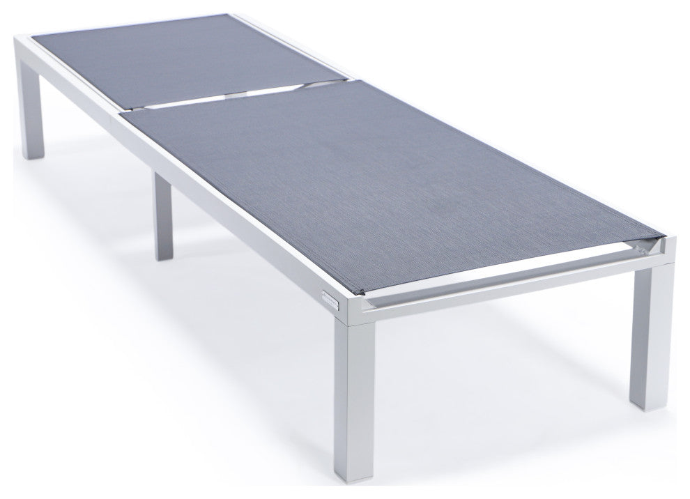 LeisureMod Marlin White Patio Chaise Lounge Chair with Fire Pit Table, Dark Gray