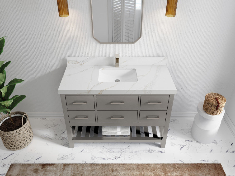 Parker 48" Single Sink Bath Vanity, Elephant Skin Gray 2" Calacatta Sienna