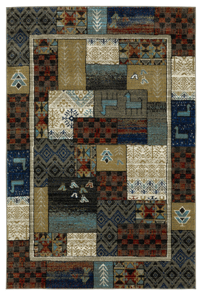 Vander Patchwork Tribal Blue/Multicolored Indoor Area Rug, Blue, 5'3"x7'3"