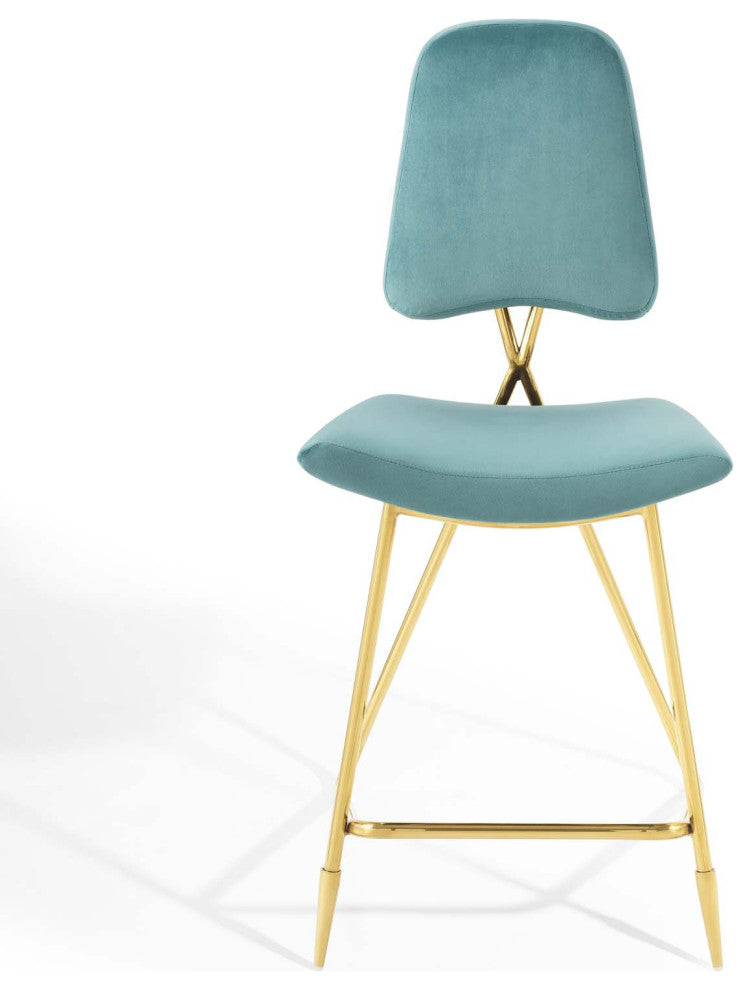 Counter Stool Chair, Set of 2, Velvet, Metal, Blue, Modern, Bar Pub Cafe Bistro