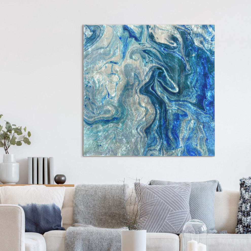 Indigo Minerals Abstract Wall Art Reverse Print Tempered Glass With Silver Leaf