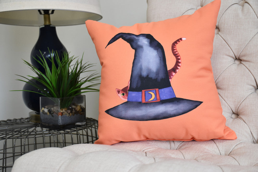 Cat Behind the Hat 18" Orange Halloween Print Decorative Throw Pillow