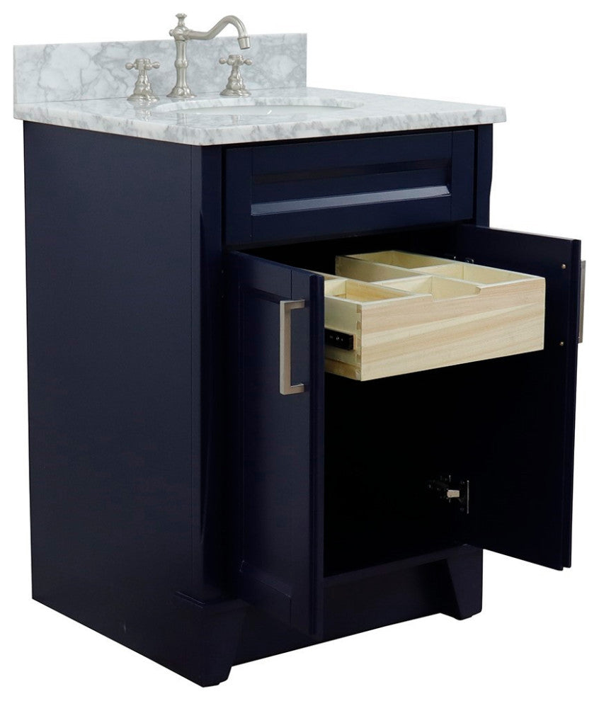 25" Single Sink Vanity, Blue Finish With White Carrara Marble And Oval Sink