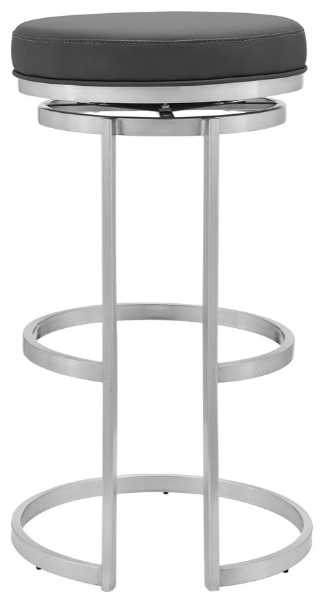 30" Gray and Silver Faux Leather and Iron Swivel Backless Bar Height Bar Chair