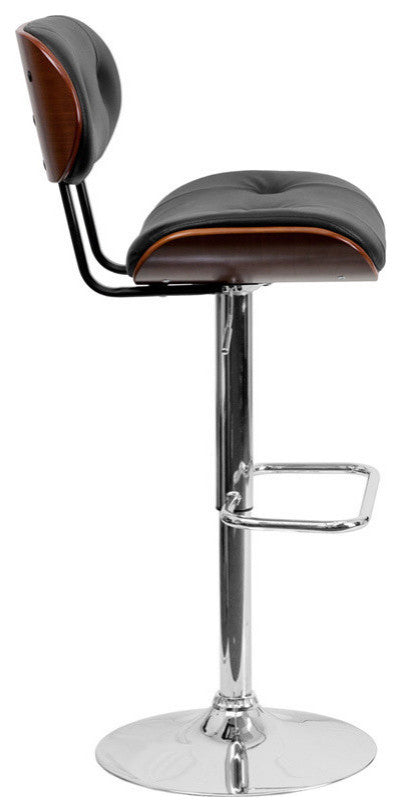 Walnut Bentwood Adjustable Barstool With Button Tufted Black Vinyl Seat