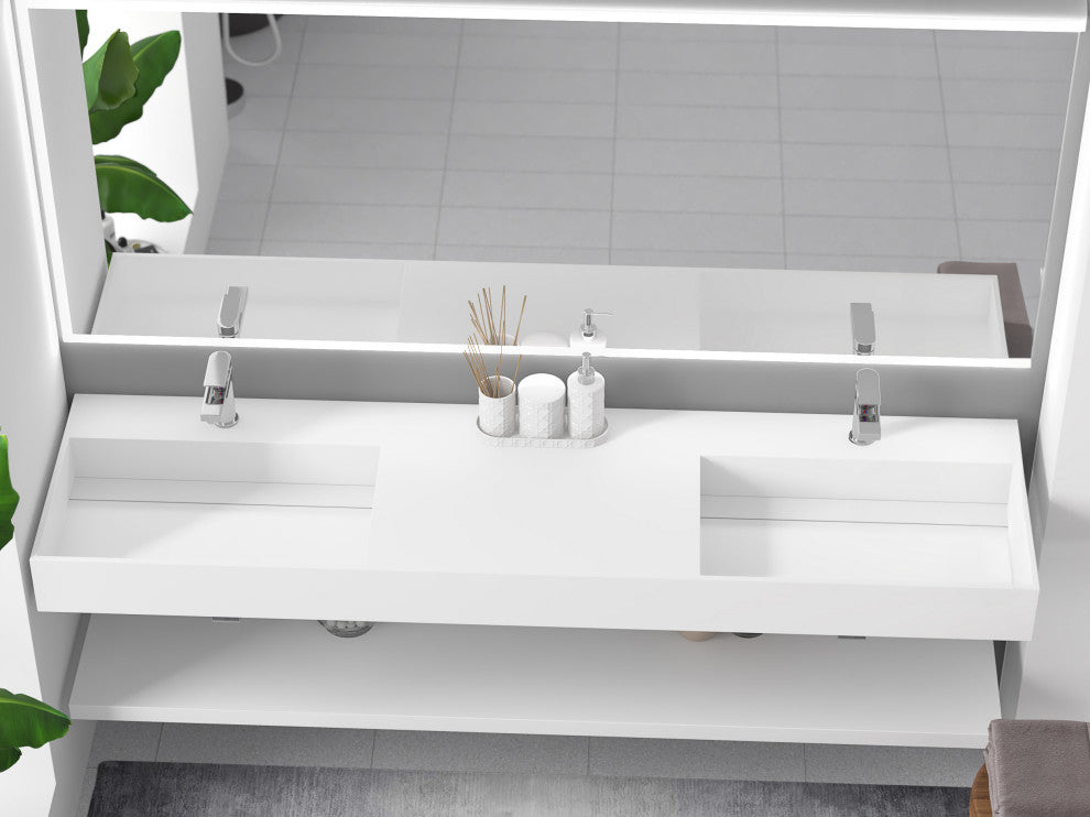 CastelloUSA Juniper Wall Mounted Countertop Concealed Drain Basin Sink, White, 72, Double Basin, Standard