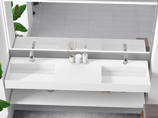 CastelloUSA Juniper Wall Mounted Countertop Concealed Drain Basin Sink, White, 72, Double Basin, Standard